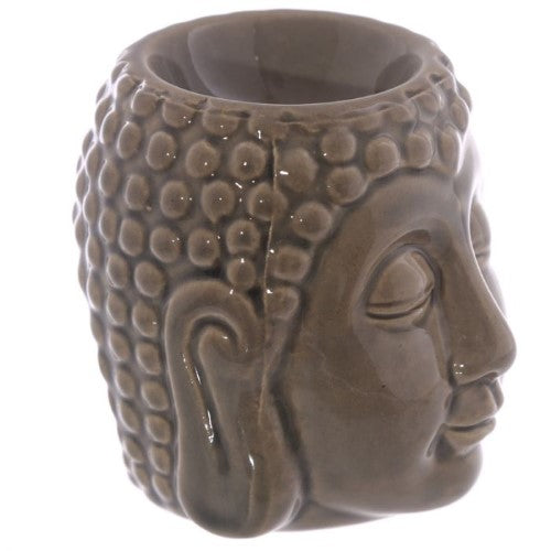 Small ceramic Buddha head oil burner with crackle glaze, ideal for aromatherapy and home decor, 8cm compact size.