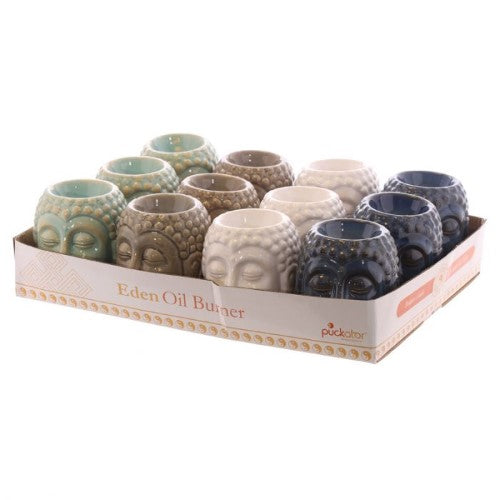 Small ceramic Buddha head oil burner with crackle glaze, perfect for essential oils, meditation, and spa décor.