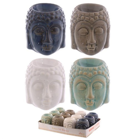 Small ceramic Buddha head oil burner with crackle glaze finish, ideal for aromatherapy and enhancing ambiance.