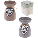 Ceramic oil burners with wooden heart design, 11.5cm tall, perfect for creating a soothing ambiance with essential oils.