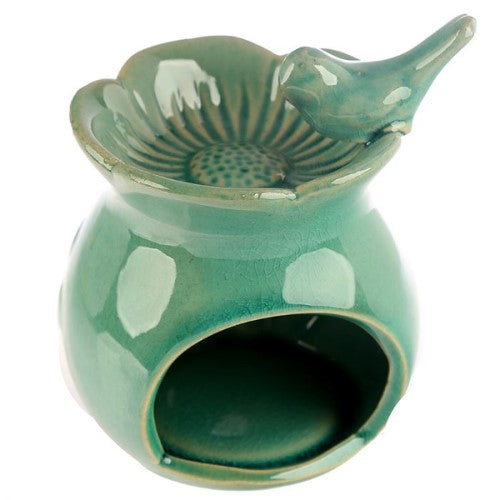 Set of 2 ceramic oil burners, 10.5cm, featuring floral bird bath design for relaxing aromatherapy.