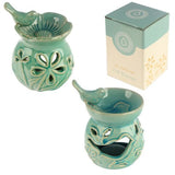 Set of 2 ceramic oil burners in floral bird bath design, 10.5cm tall, ideal for essential oils and creating a relaxing ambiance.