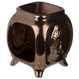 Ceramic oil burners featuring embossed Buddha designs, 10.5cm tall, perfect for relaxing aromatherapy and home decor.