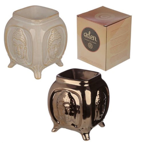 Set of 2 ceramic oil burners featuring embossed Buddha designs, perfect for aromatherapy and home decor, 10.5cm tall.