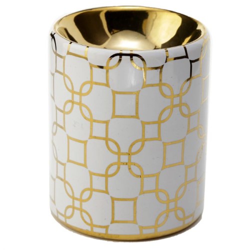 Elegant metallic gold ceramic mini oil burner, perfect for creating a calming atmosphere with essential oils or aromatic blends.