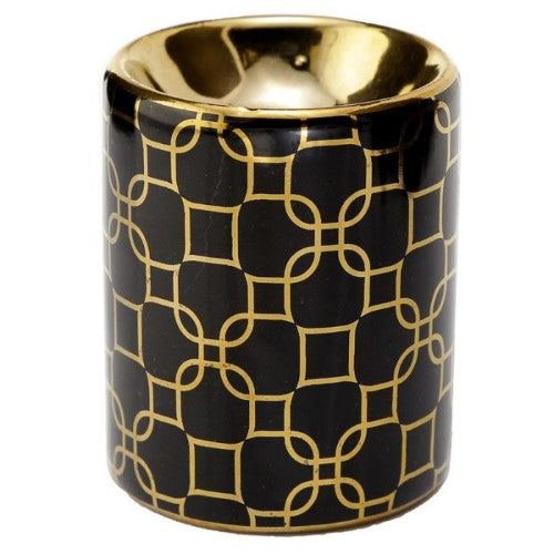 Ceramic Mini Oil Burner in metallic gold geometric design, perfect for essential oils, height 8.5cm, box of 20 units.