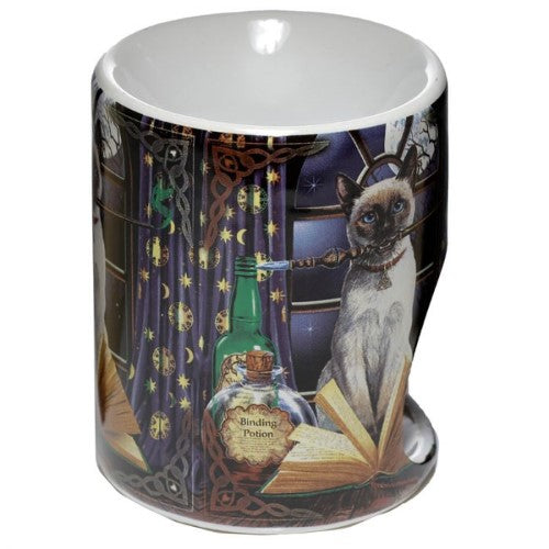 Ceramic oil burner featuring Lisa Parker's whimsical Hocus Pocus Cat design, perfect for aromatic oils and cozy ambiance.