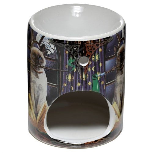 Ceramic oil burner featuring whimsical Hocus Pocus Cat design, 10cm tall, perfect for a magical home ambiance.