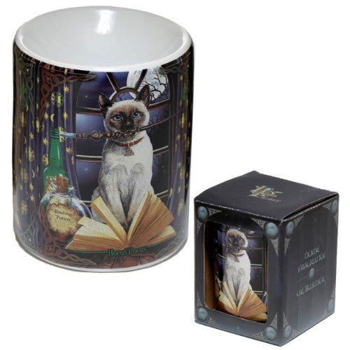 Ceramic oil burner with Hocus Pocus Cat design, 10cm tall, ideal for creating ambiance with essential oils.