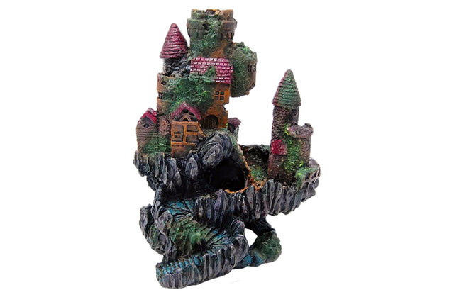 Mystical Castle aquarium ornament, 22cm tall, features intricate details and provides hiding spots for fish in a vibrant aquatic landscape.