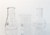 Three 100ml measuring flasks with clear markings for precise cooking and science measurements, perfect for any kitchen or lab.