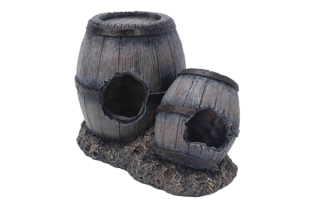 "Two rustic barrels standing 15cm tall, enhancing aquarium aesthetics while providing fish hiding spots."