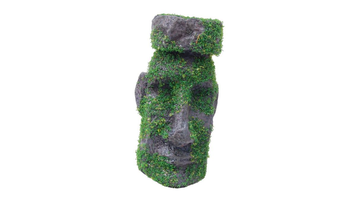 Easter Island statue with moss, 12cm aquarium ornament, adding charm and hiding spots for fish in any tank.