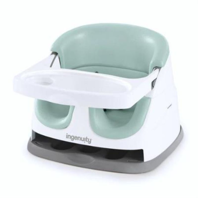 Portable 2-in-1 baby feeding chair in Mist, easily converts from high chair to floor seat with removable, dishwasher-safe tray.