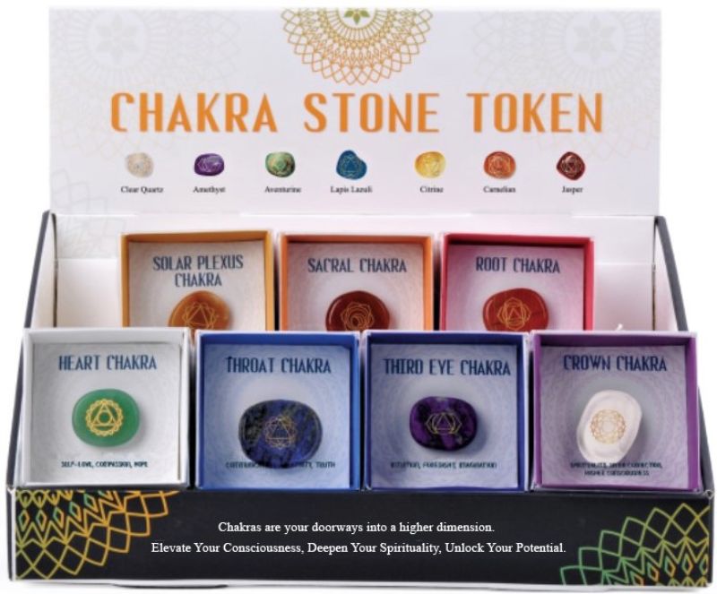 28 assorted chakra stones, each 2.50x2.90 cm, promoting balance and spiritual wellness in a compact 7x7x2 cm box.