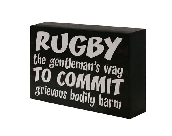 "25x16CM Rugby wall art plaque in MDF with humorous quote, perfect for rugby fans and decor enthusiasts."