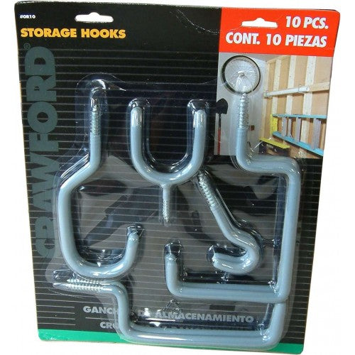 Versatile PVC storage hooks (10 pack) for organizing garages, sheds, and workshops; includes 5 screw-in hook styles for various items.