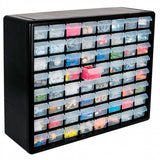 Truper 64 Drawer Plastic Organiser with 64 translucent bins, designed for efficient storage in workshops or home spaces.