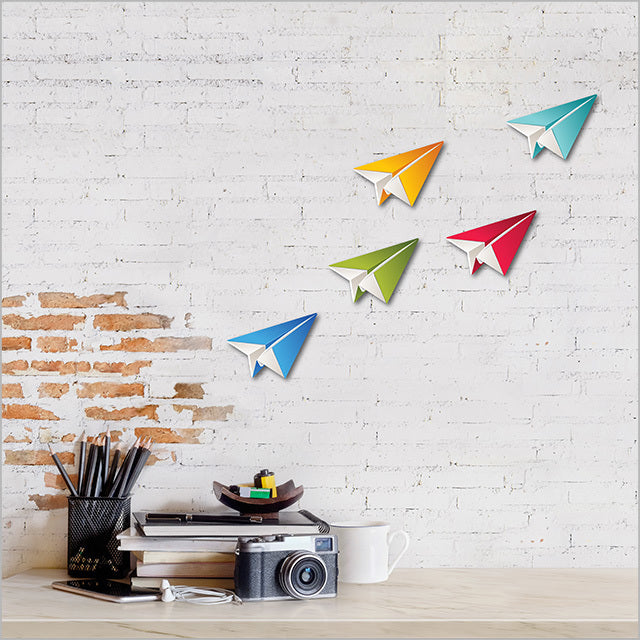Colorful wall art set featuring five origami planes, printed on durable material for creative home or office decor.