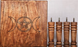 Handcrafted dark mango wood altar table with pentacle design, ideal for rituals, meditation, and home decor, measures 35cm.