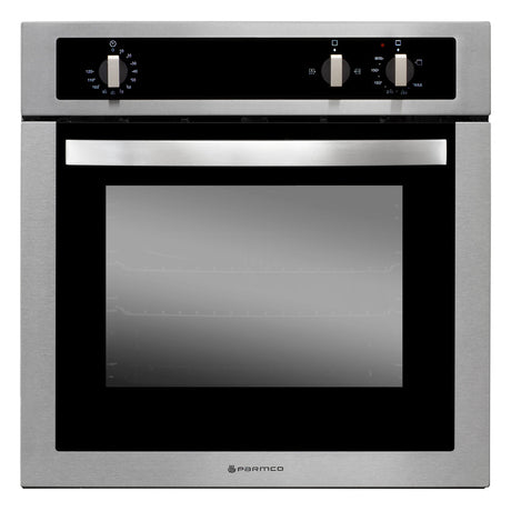 Stainless steel gas oven with 4 functions, 56L capacity, triple glaze door, safety features, and automatic ignition.