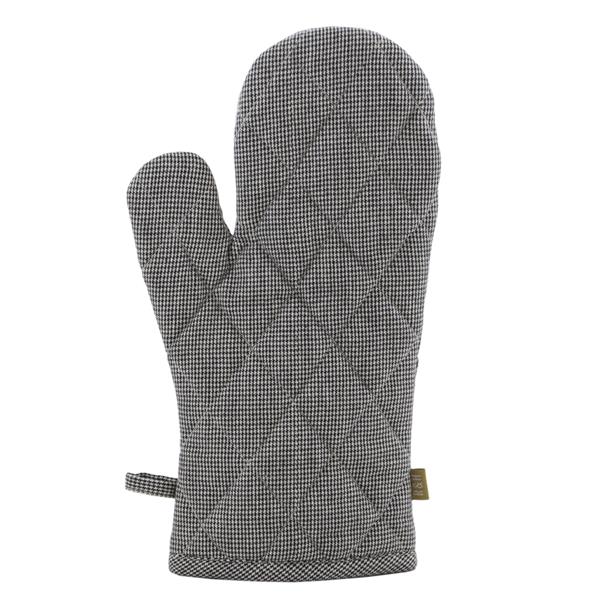 Houndstooth oven mitt in taupe, eco-friendly, stylish protection for hands against high oven temperatures.