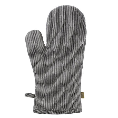 Houndstooth oven mitt in taupe, eco-friendly, stylish protection for hands against high oven temperatures.