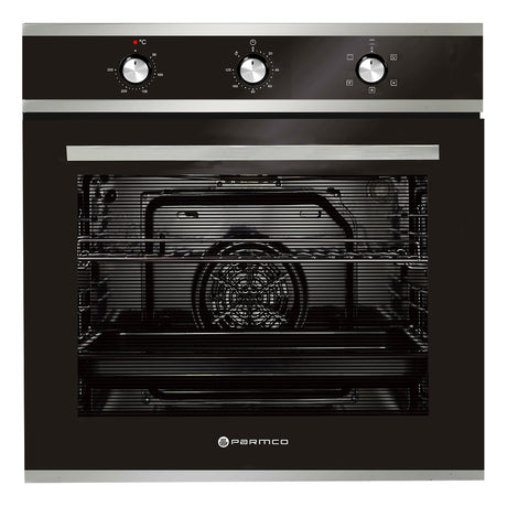 Sleek stainless steel Parmco oven with 76L capacity and 5 cooking functions, featuring triple-glazed door and energy efficiency.