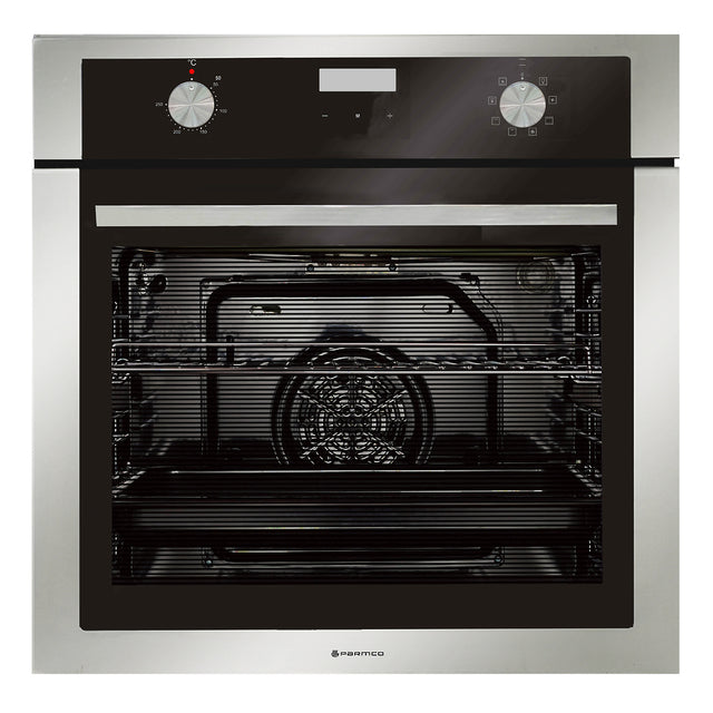 Stainless steel Parmco electric oven with 76L capacity, 8 cooking functions, electronic timer, and energy-efficient design.