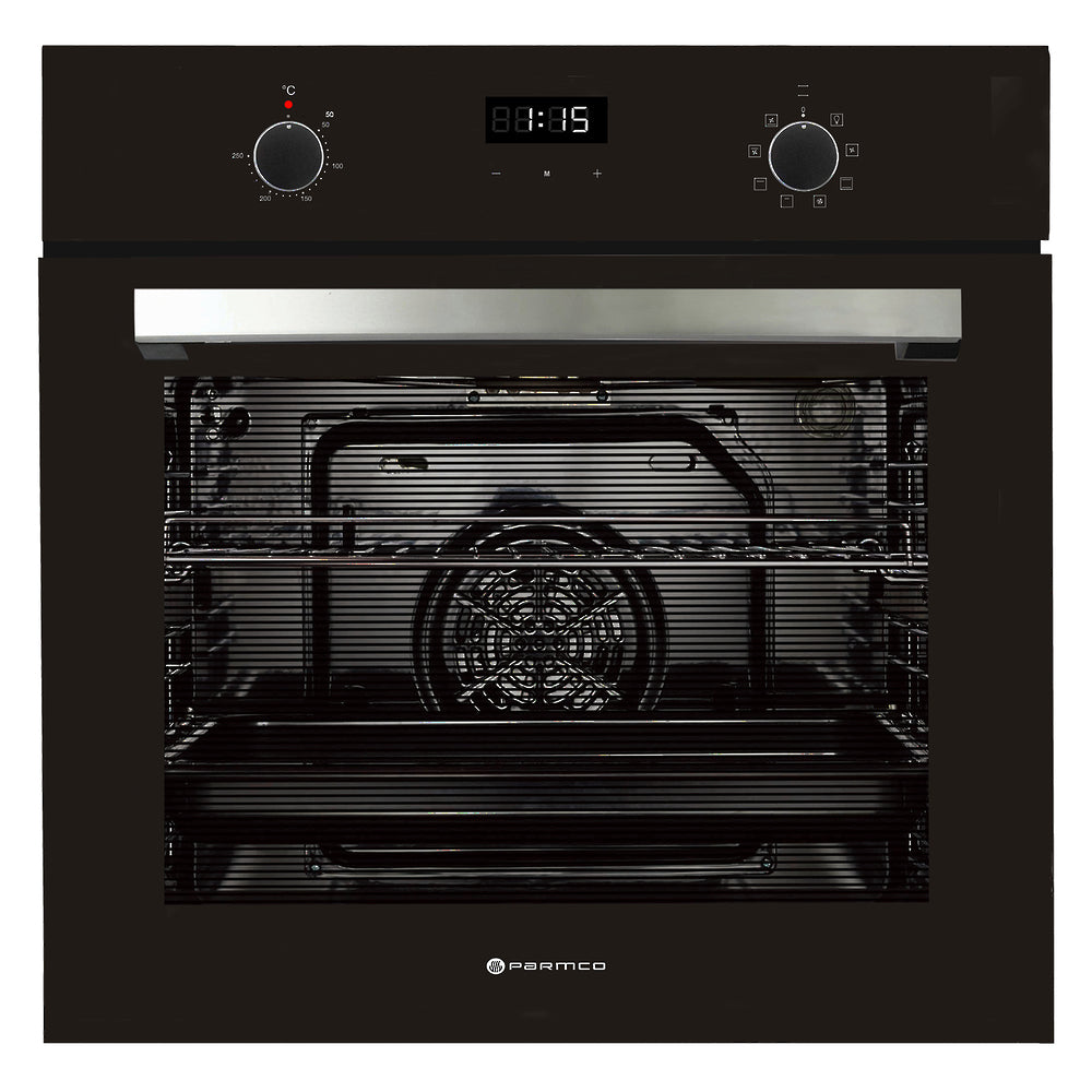 Black Parmco oven with 76L capacity, 8 cooking functions, electronic timer, and triple-glazed door for efficient cooking.