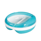 Aqua OXO children's divided feeding dish with non-slip base, two 120ml compartments, and removable lid for easy storage.