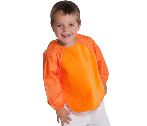 Bright orange sleeved bib for infants, featuring super-absorbent towelling and water-resistant backing for mess-free mealtimes.