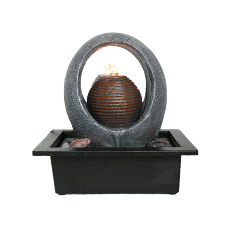 Circle Water Feature with warm light, 23x18x26cm, creating a tranquil ambiance indoors or outdoors with soothing water sounds.