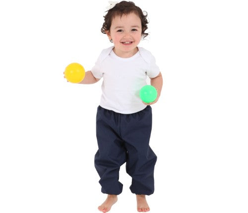 Waterproof navy crawler pants for toddlers, featuring elastic ankles and waist for comfort during outdoor play.