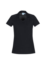 Byron Ladies Polo in Black, size 10, featuring a flattering open neckline and cool, durable cotton-polyester fabric.