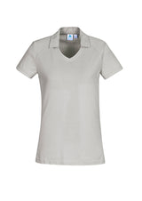 Byron Ladies Polo in Sand, size 18, featuring a neat collar, open neckline, and soft cotton blend for stylish comfort.
