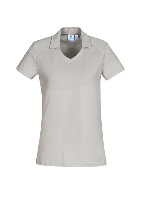 Byron Ladies Polo in Sand, size 18, featuring a neat collar, open neckline, and soft cotton blend for stylish comfort.