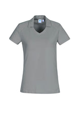 Silver Byron Ladies Polo in size 14 features a neat collar, open neckline, and soft cotton-polyester blend for ultimate comfort.
