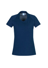 Byron Ladies Polo in Steel Blue, size 12, featuring a neat collar and flattering open neckline for stylish comfort.