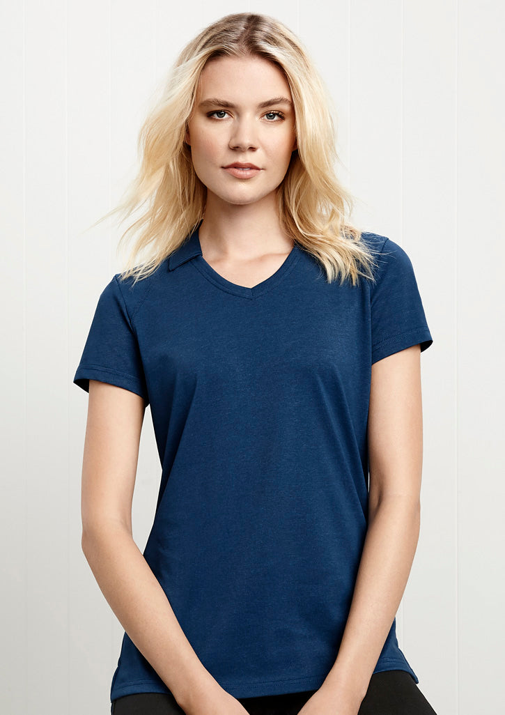 Byron Ladies Polo in Steel Blue, size 24, featuring a neat collar, open neckline, and made from a soft cotton-poly blend.