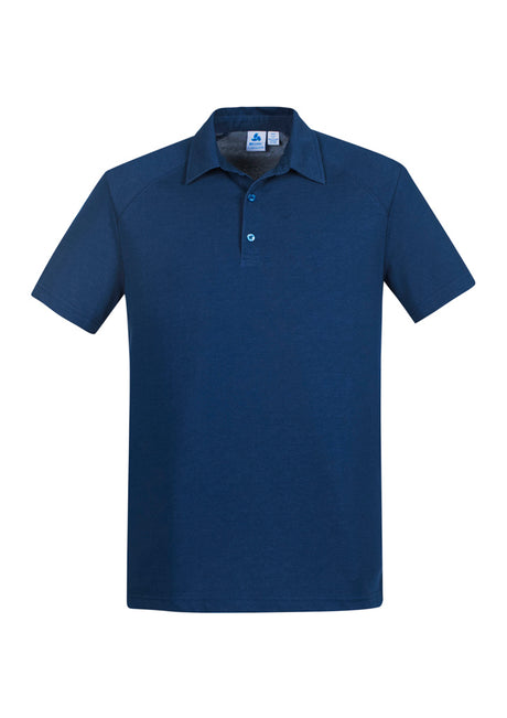 Byron Mens Polo in Steel Blue, size L, featuring a self-fabric collar, button placket, and practical pocket for versatile style.