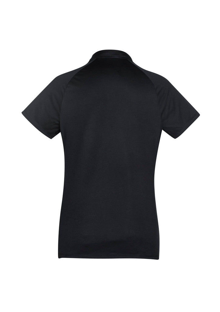 Academy Ladies Polo in Black/White, size 14, featuring breathable fabric, UPF protection, and elegant design details.