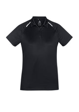 Academy Ladies Polo in Black/White, size 8, featuring breathable fabric, UV protection, and stylish design elements.
