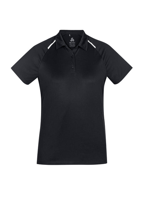 Stylish black and white Academy Ladies Polo, featuring breathable fabric, UPF protection, and a polished design for versatile wear.