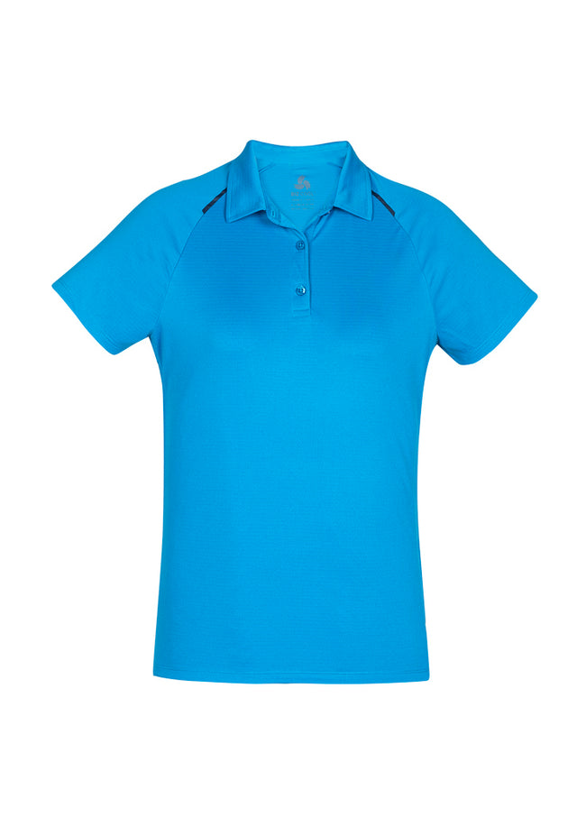 Academy Ladies Polo in Cyan/Navy, featuring breathable fabric and stylish design for versatile wear. Sizes 8-24 available.