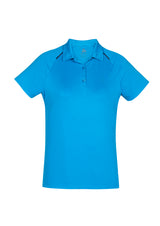 Cyan and navy ladies polo shirt from Biz Collection, featuring a self-fabric collar, button placket, and stylish side insets.