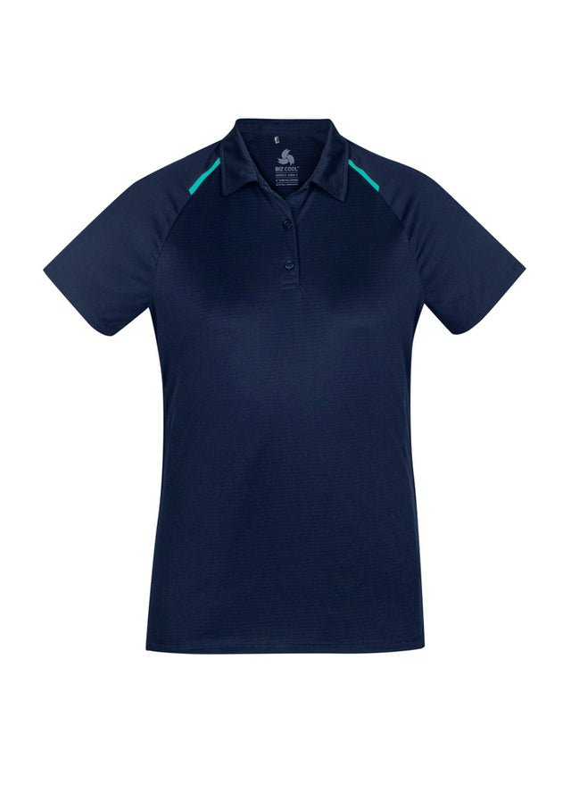 Navy and teal Academy Ladies Polo featuring breathable fabric, self-collar, and contrast details, perfect for stylish comfort.