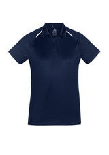 Navy and white ladies' polo shirt, featuring breathable fabric, self-fabric collar, and modern design, available in sizes 8-24.