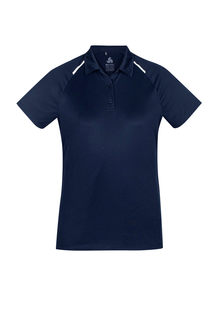 Navy and white ladies polo shirt with breathable fabric, self-collar, and stylish side prints ideal for professional or casual wear.