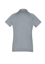 Elegant silver and charcoal ladies polo, crafted from breathable polyester with a stylish collar and unique shoulder print.